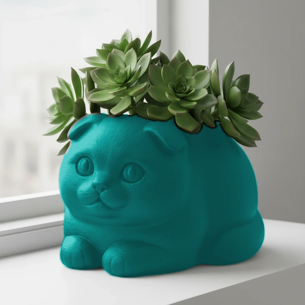 Mini Ghiveci Decorativ Pisica Scottish Fold pentru Plante Mici - culoare Albastru verzui, imprimare 3D Vibecraft