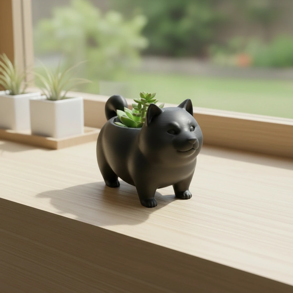 Mini Ghiveci Decorativ Suport Plante cu Design Shiba Inu - Negru compozit mat, imprimare 3D Vibecraft