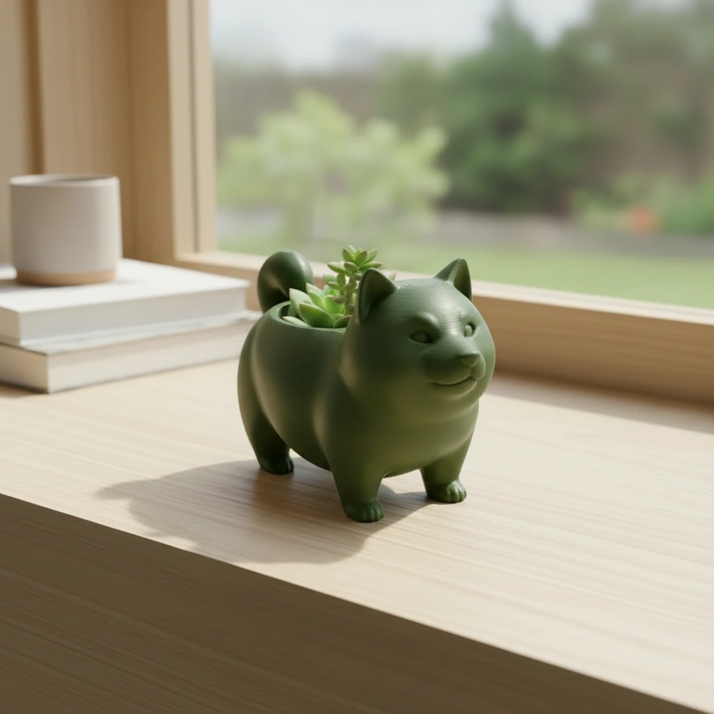 Mini Ghiveci Decorativ Suport Plante cu Design Shiba Inu - Olive green compozit mat, imprimare 3D Vibecraft