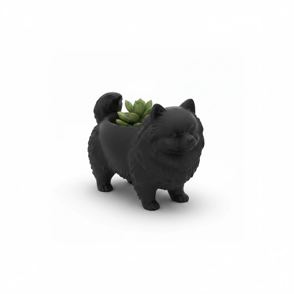 Mini Ghiveci Decorativ Imprimat 3D cu Design Pomeranian - culoare Negru, produs imprimat 3D Vibecraft