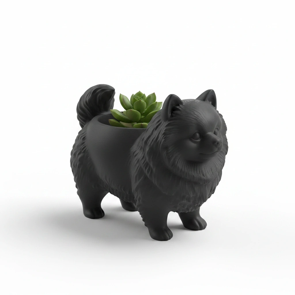 Mini Ghiveci Decorativ Imprimat 3D cu Design Pomeranian - Negru compozit mat, imprimare 3D Vibecraft