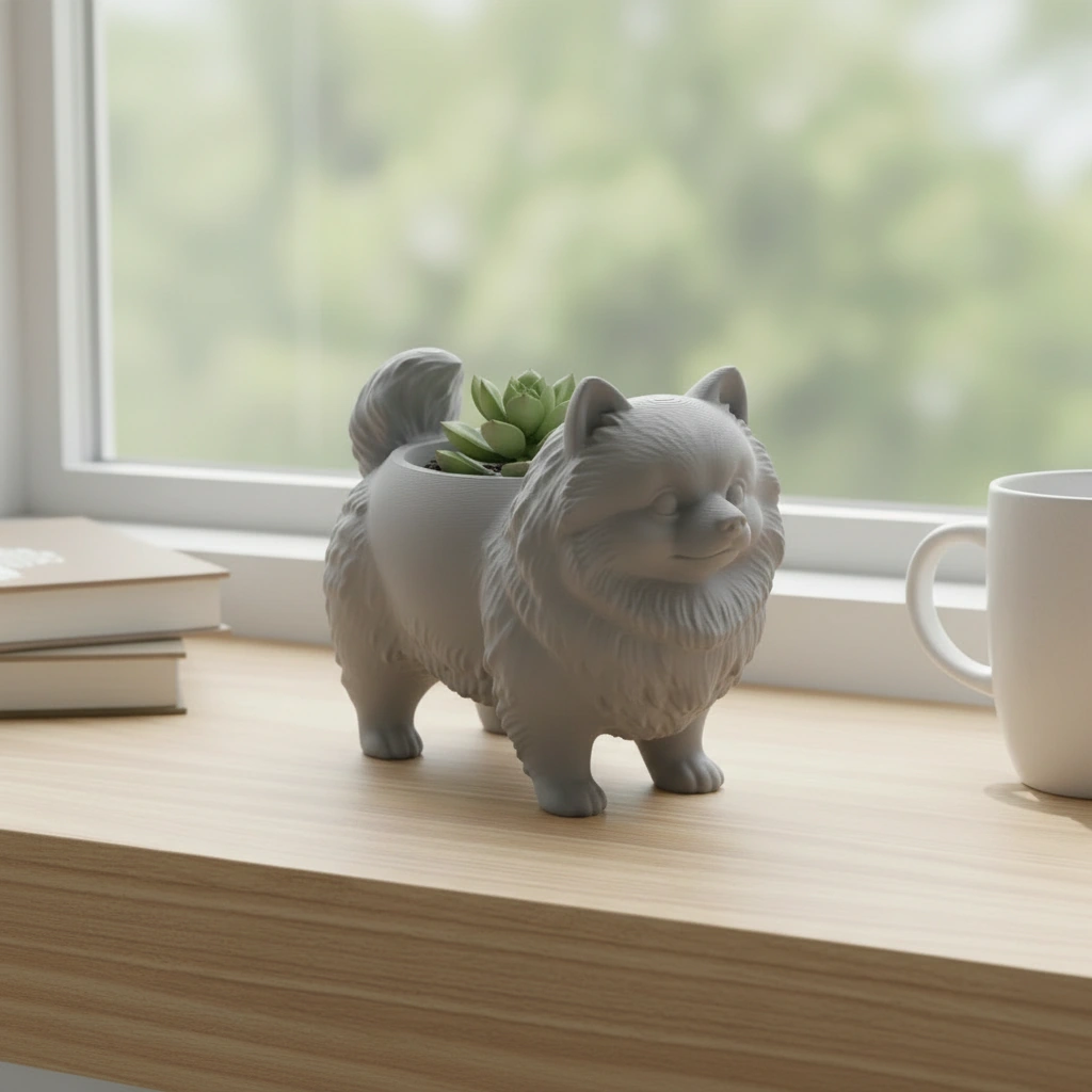 Mini Ghiveci Decorativ Imprimat 3D cu Design Pomeranian - culoare Gri, imprimare 3D Vibecraft