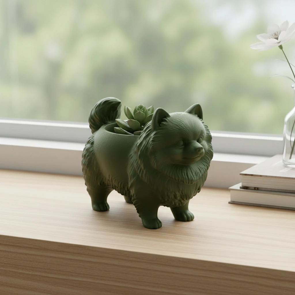 Mini Ghiveci Decorativ Imprimat 3D cu Design Pomeranian - culoare Verde, imprimare 3D Vibecraft