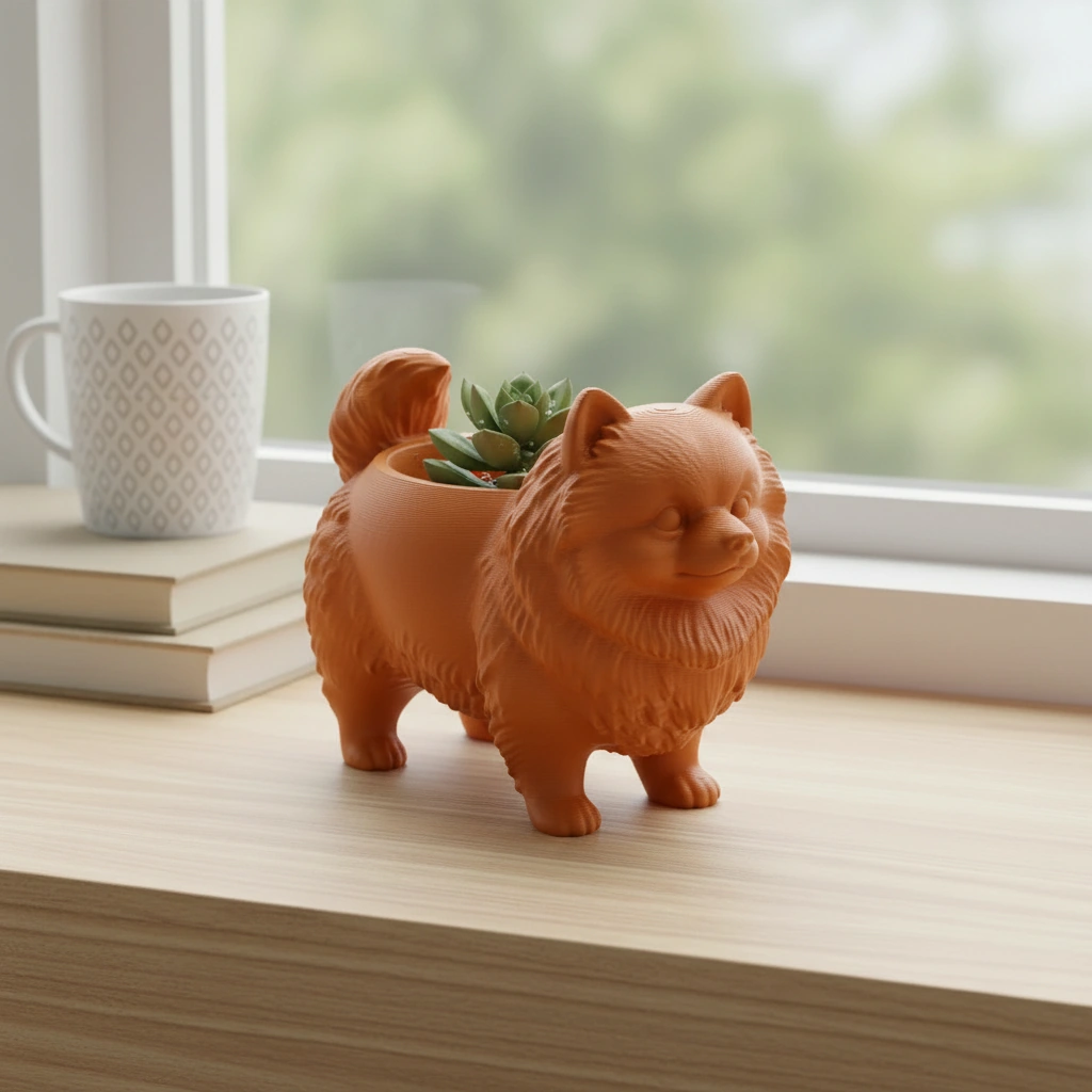 Mini Ghiveci Decorativ Imprimat 3D cu Design Pomeranian - culoare Portocaliu, imprimare 3D Vibecraft