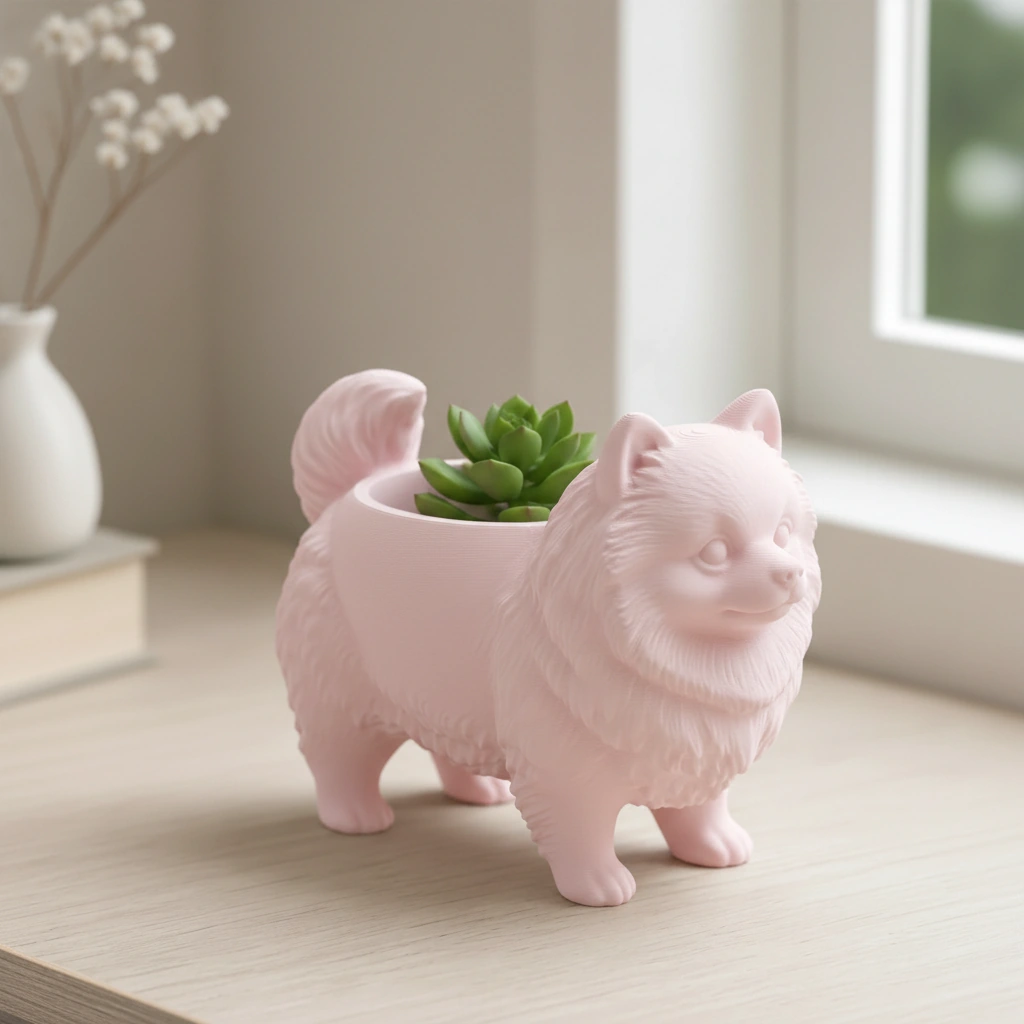 Mini Ghiveci Decorativ Imprimat 3D cu Design Pomeranian - culoare Roz, imprimare 3D Vibecraft