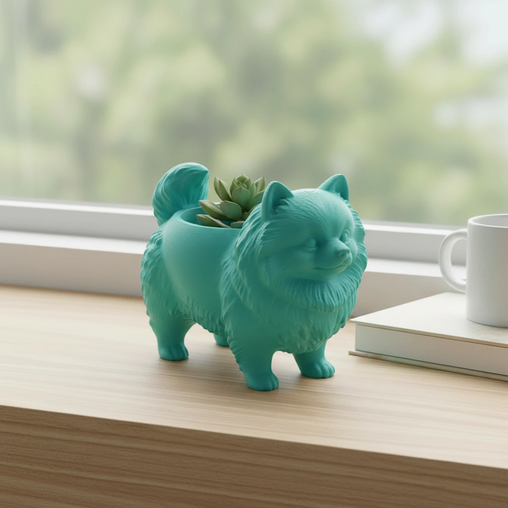 Mini Ghiveci Decorativ Imprimat 3D cu Design Pomeranian - culoare Albastru verzui, imprimare 3D Vibecraft