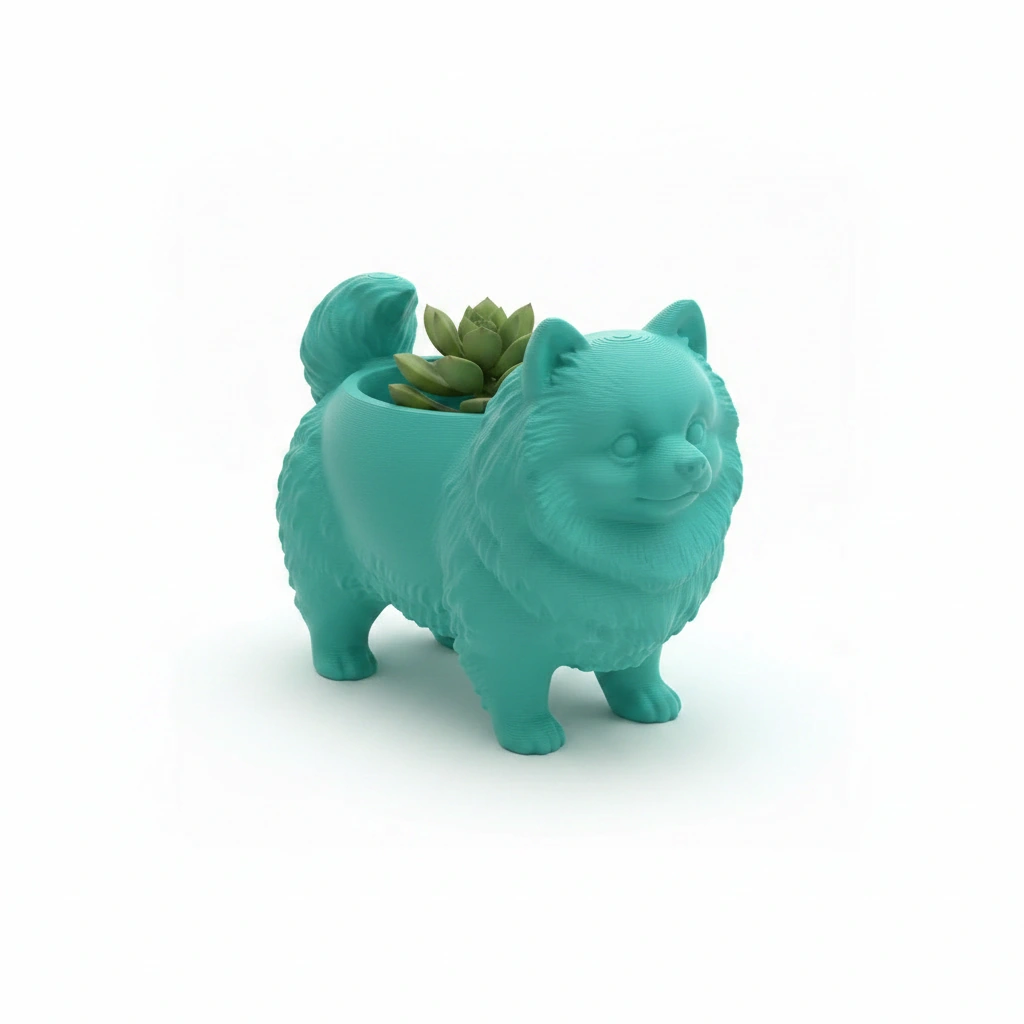 Mini Ghiveci Decorativ Imprimat 3D cu Design Pomeranian - culoare Albastru verzui, imprimare 3D Vibecraft