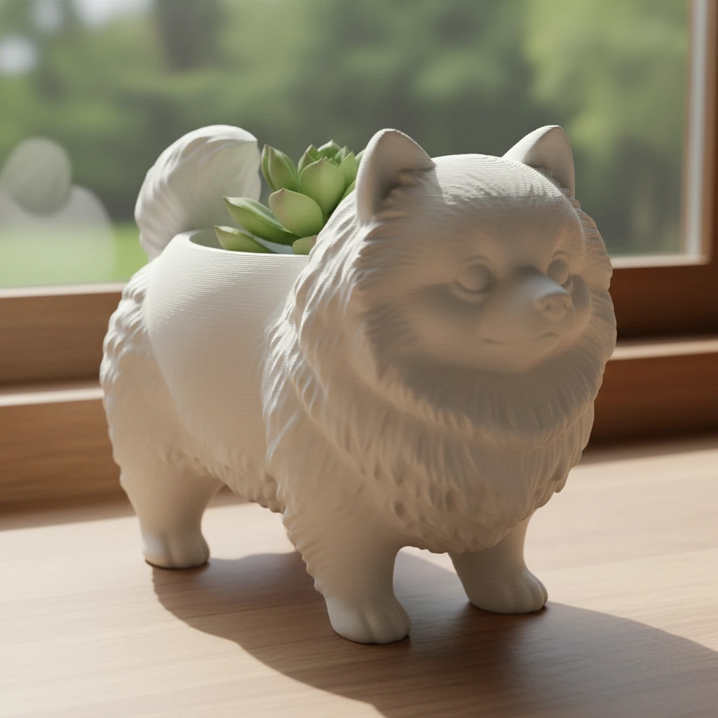 Mini Ghiveci Decorativ Imprimat 3D cu Design Pomeranian - culoare Alb, produs imprimat 3D Vibecraft