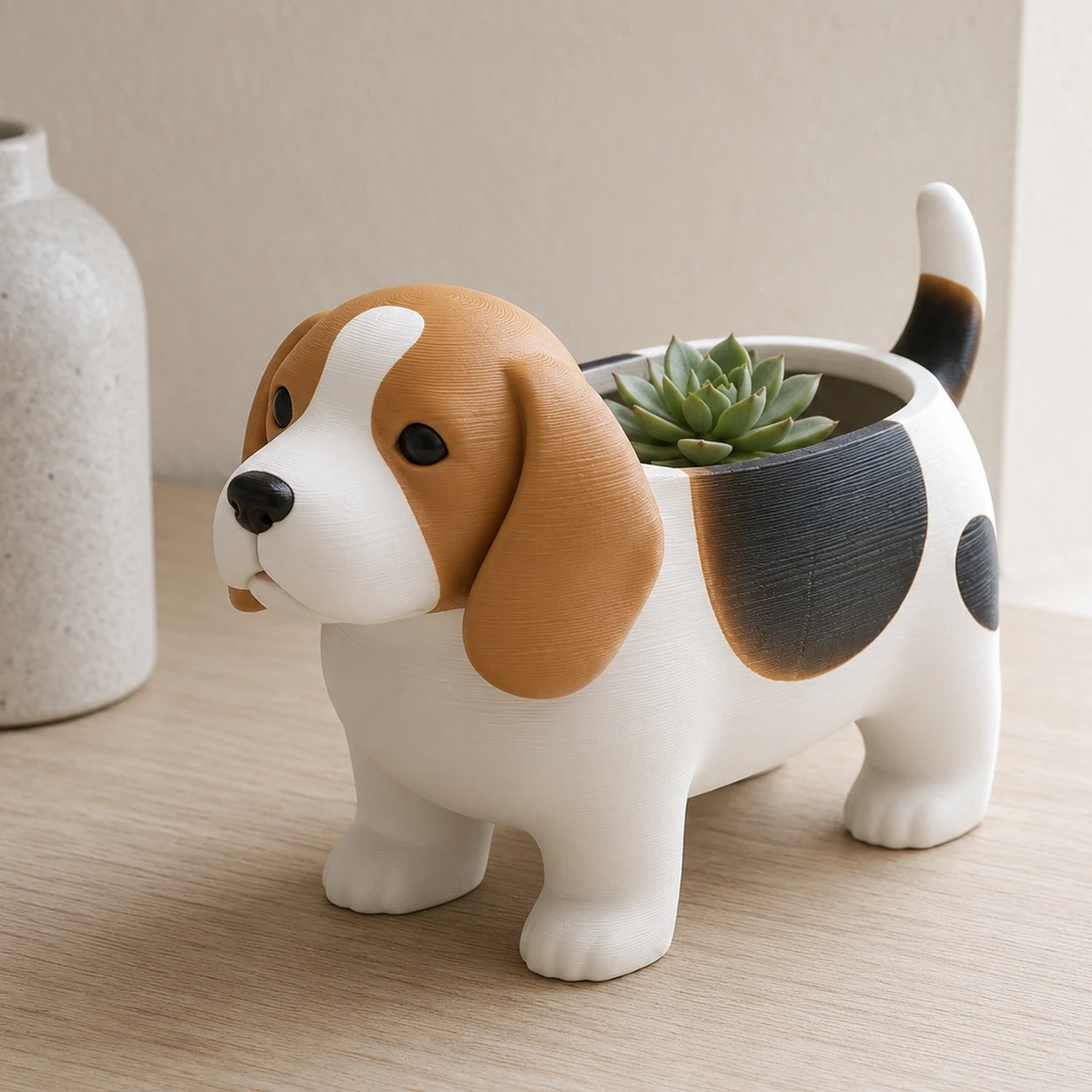 Mini Ghiveci Decorativ Animalut Imprimat 3D Beagle, Suport Plante Mici - culoare Alb, produs imprimat 3D Vibecraft