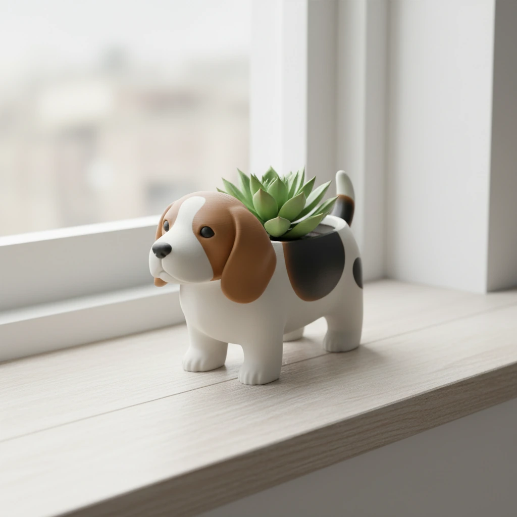Mini Ghiveci Decorativ Animalut Imprimat 3D Beagle, Suport Plante Mici - culoare Alb, produs imprimat 3D Vibecraft