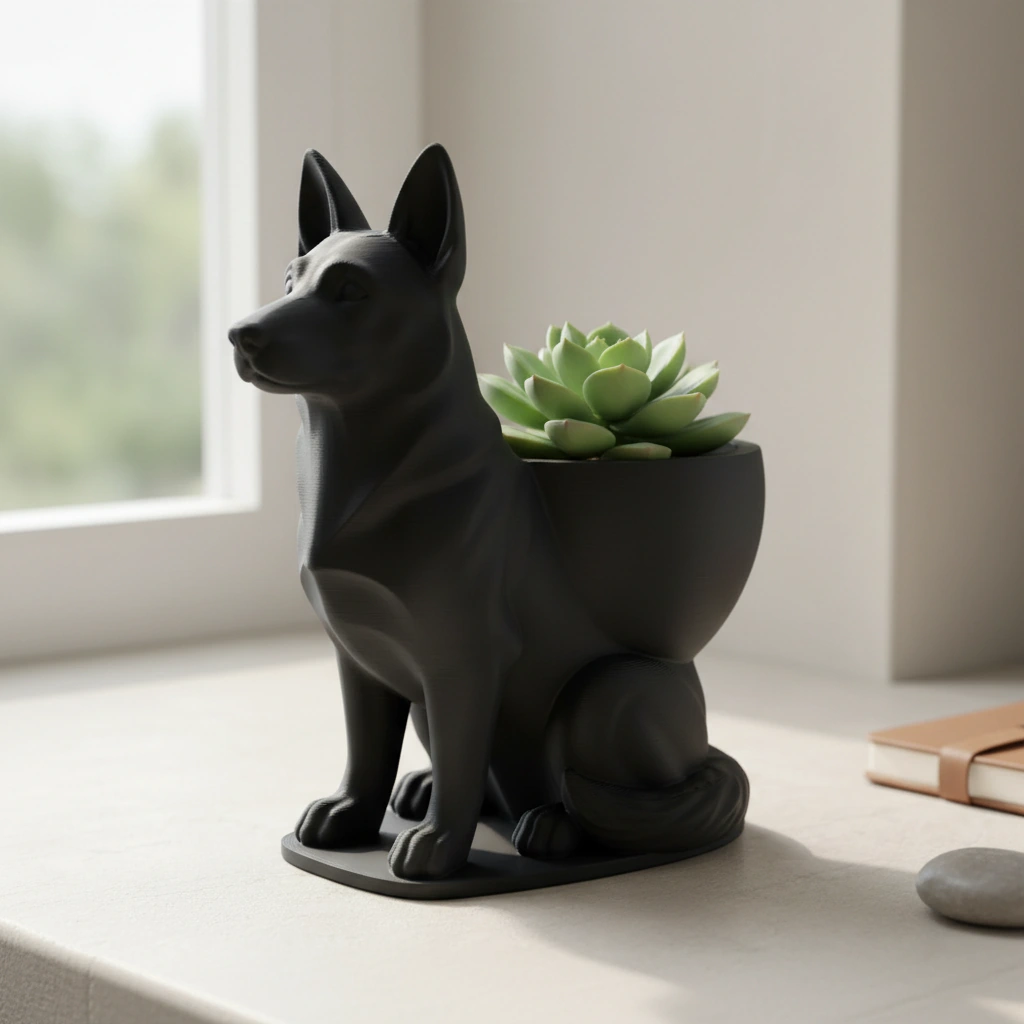 Mini Ghiveci Decorativ Suport Plante Ciobanesc German Imprimat 3D - Negru compozit mat, imprimare 3D Vibecraft