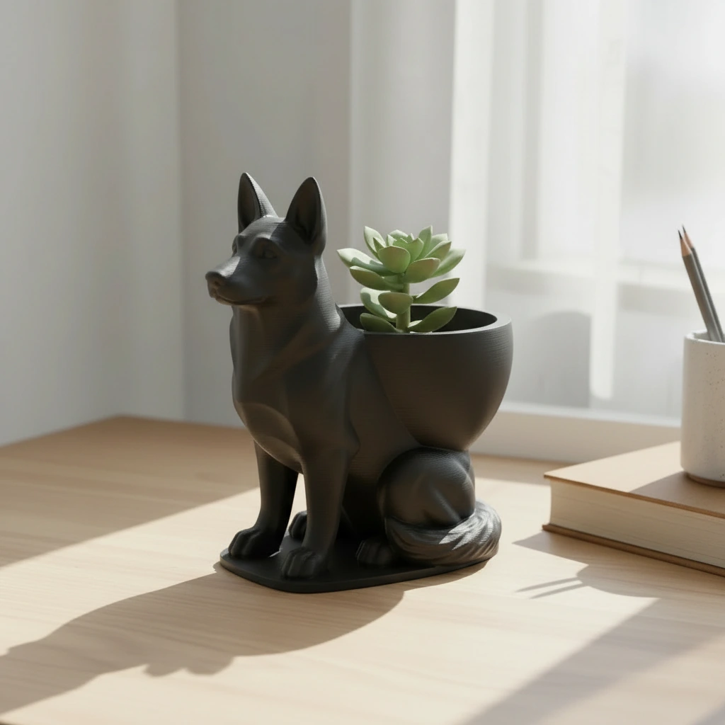 Mini Ghiveci Decorativ Suport Plante Ciobanesc German Imprimat 3D - Negru compozit mat, imprimare 3D Vibecraft