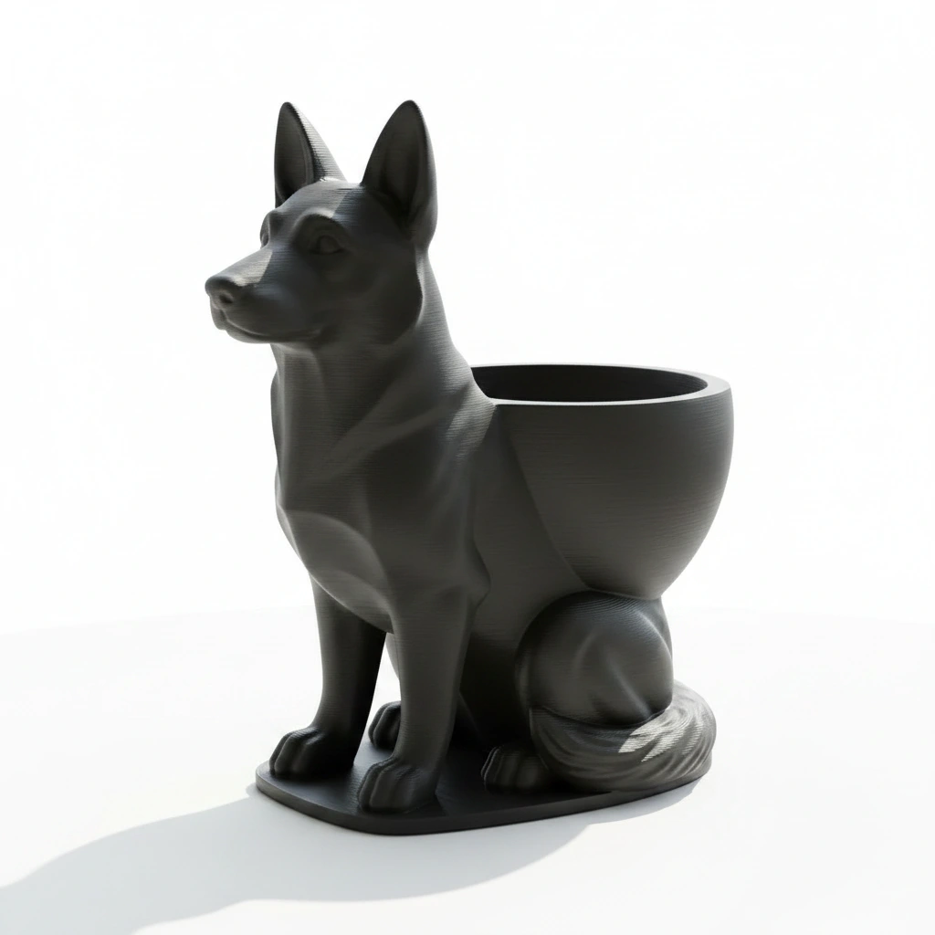 Mini Ghiveci Decorativ Suport Plante Ciobanesc German Imprimat 3D - Negru compozit mat, imprimare 3D Vibecraft