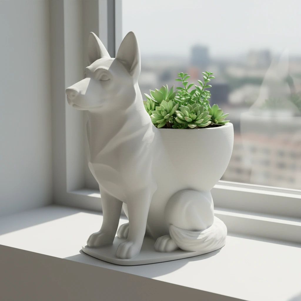 Mini Ghiveci Decorativ Suport Plante Ciobanesc German Imprimat 3D - culoare Alb, produs imprimat 3D Vibecraft