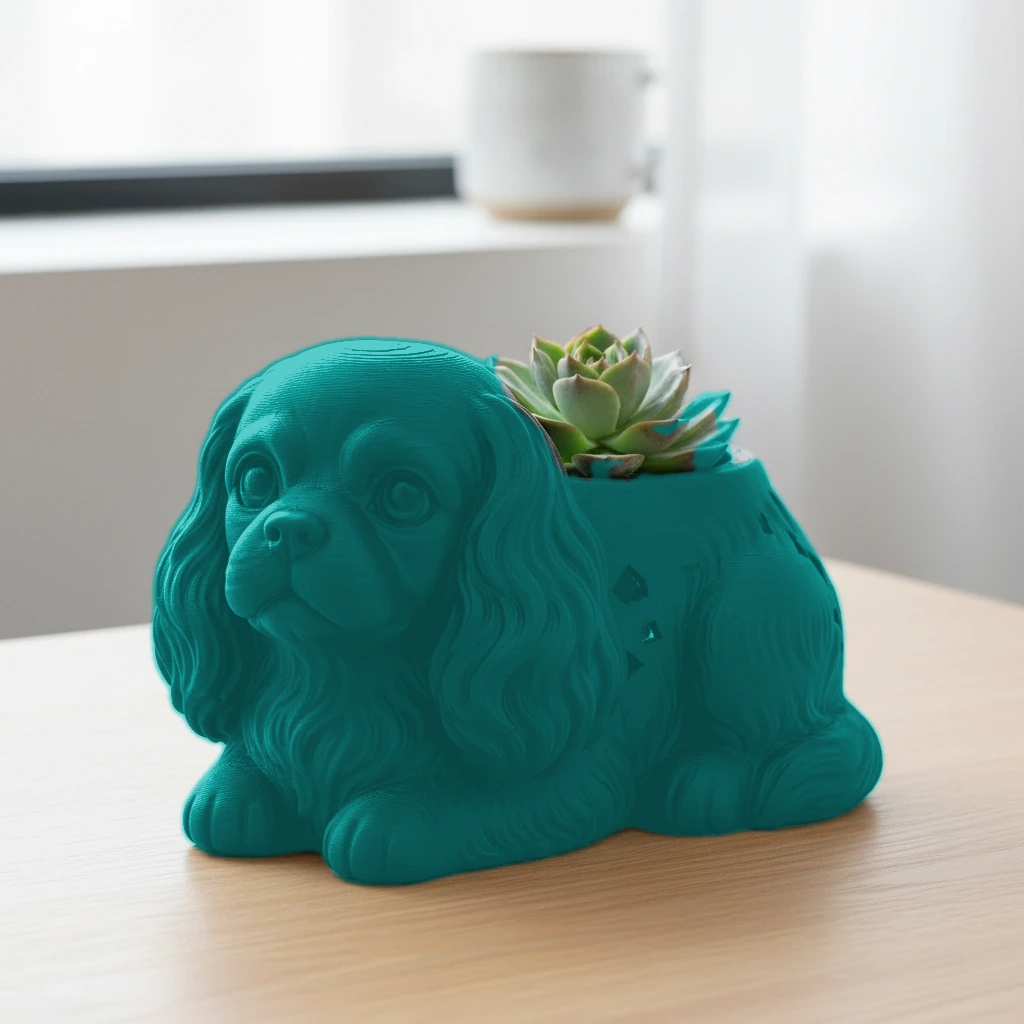 Mini Ghiveci Decorativ Animalut Cavalier King Charles Spaniel Imprimat 3D - culoare Albastru verzui, imprimare 3D Vibecraft