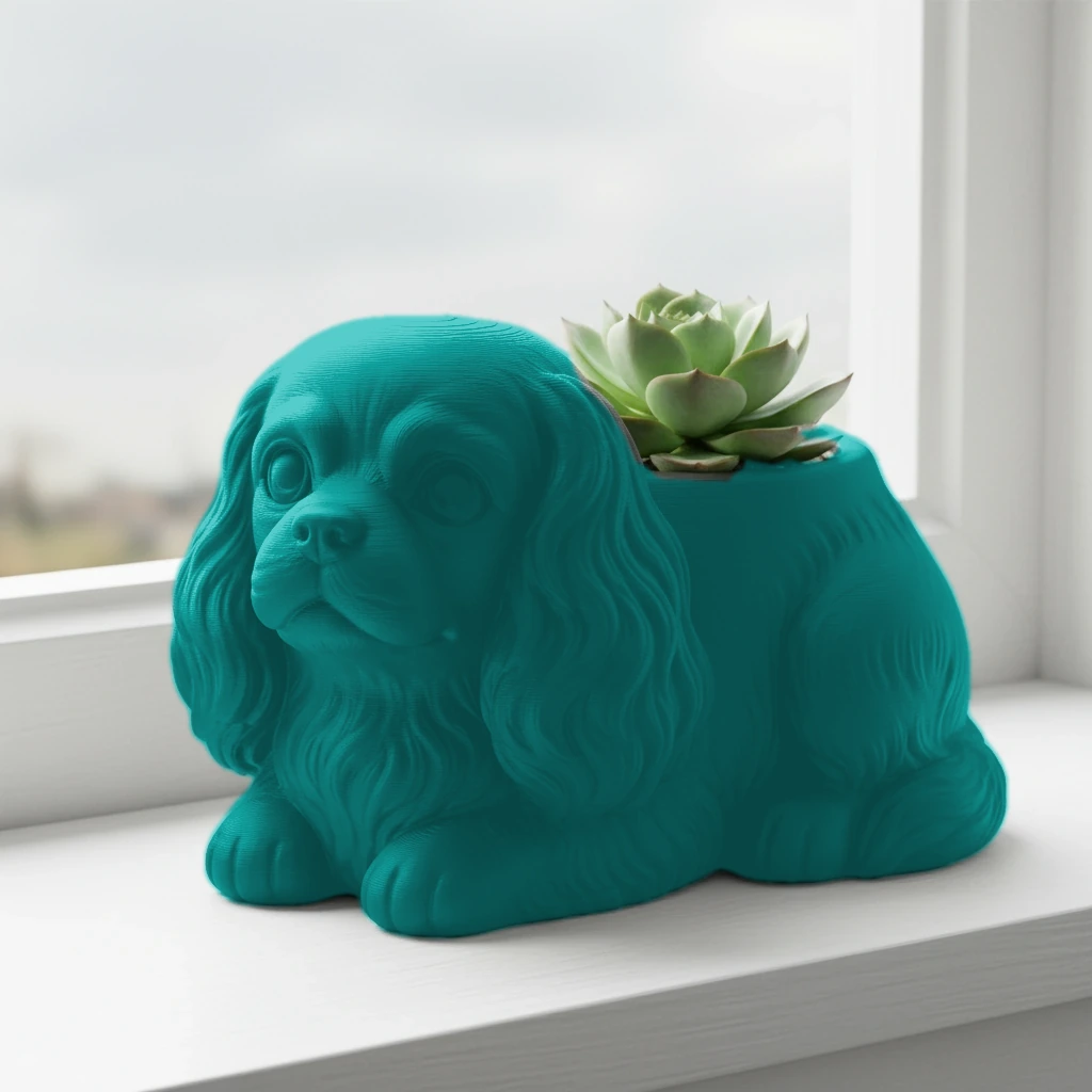 Mini Ghiveci Decorativ Animalut Cavalier King Charles Spaniel Imprimat 3D - culoare Albastru verzui, imprimare 3D Vibecraft