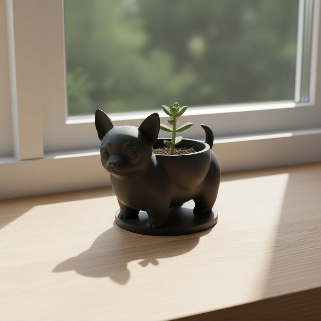 Mini ghiveci decorativ Chihuahua, suport pentru plante mici - culoare Negru, produs imprimat 3D Vibecraft