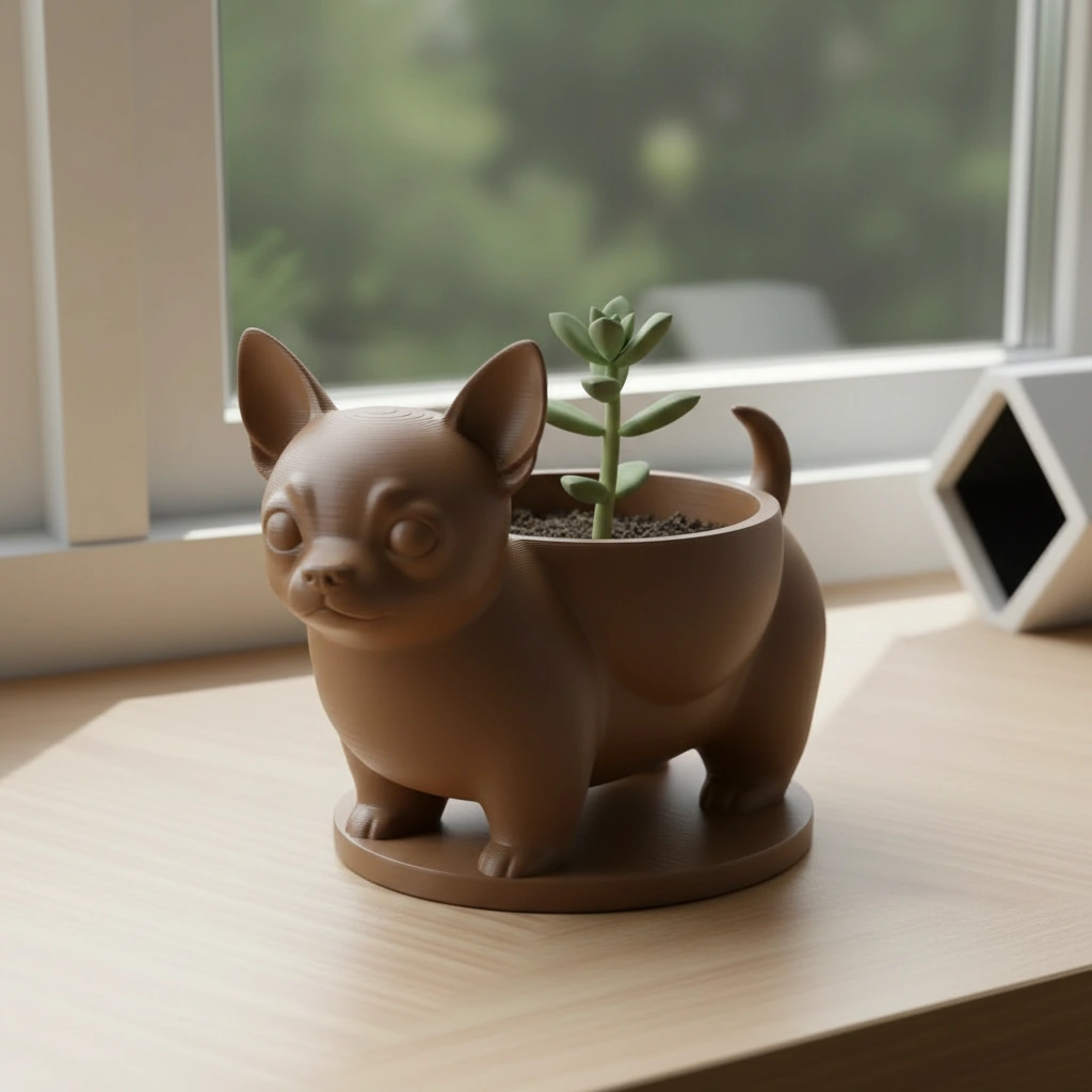 Mini ghiveci decorativ Chihuahua, suport pentru plante mici - culoare Maro, imprimare 3D Vibecraft