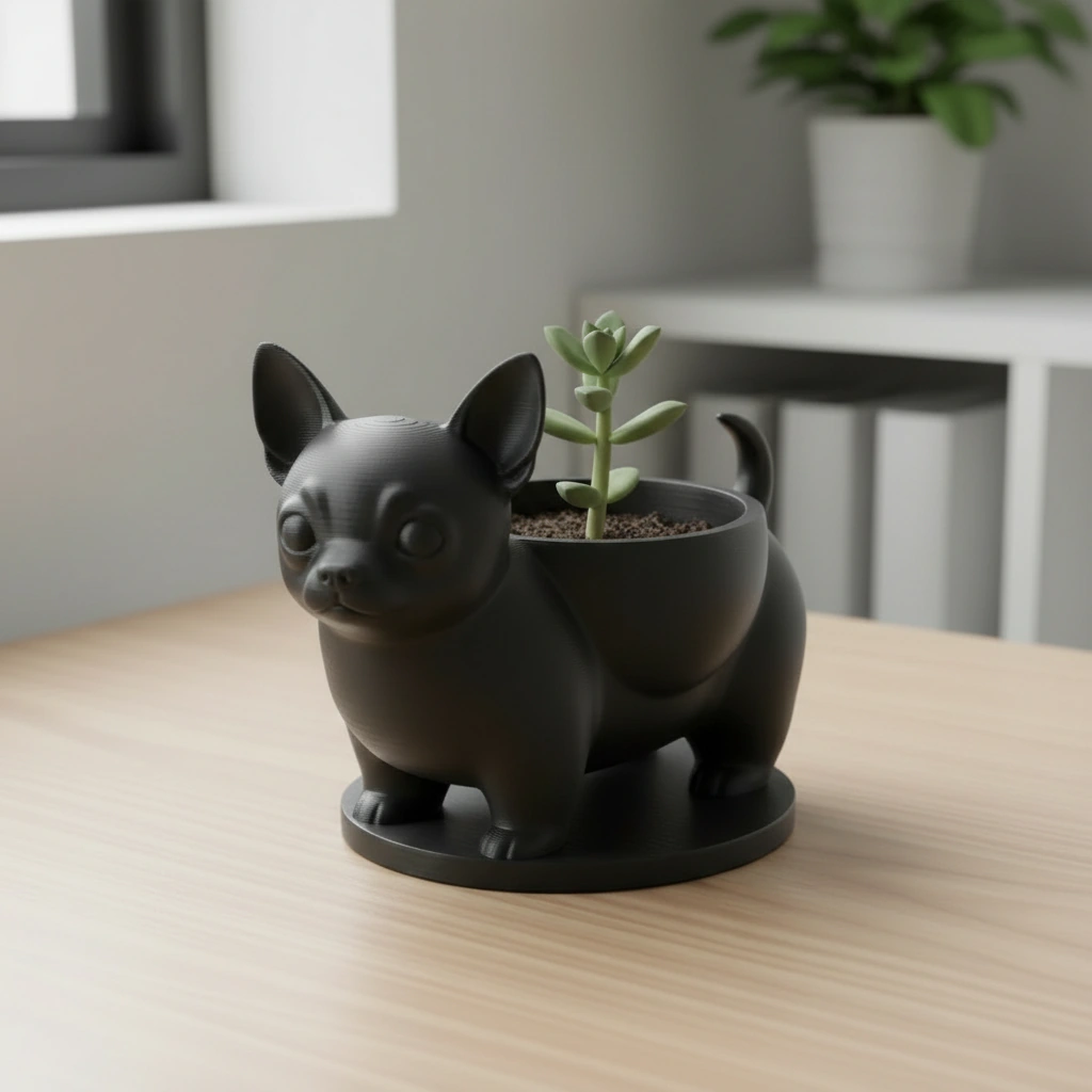 Mini ghiveci decorativ Chihuahua, suport pentru plante mici - Negru compozit mat, imprimare 3D Vibecraft