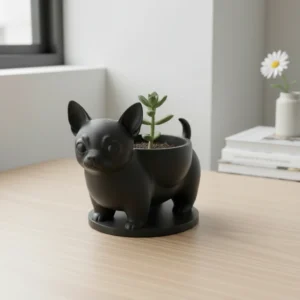 Mini ghiveci decorativ Chihuahua, suport pentru plante mici - Negru compozit mat, imprimare 3D Vibecraft