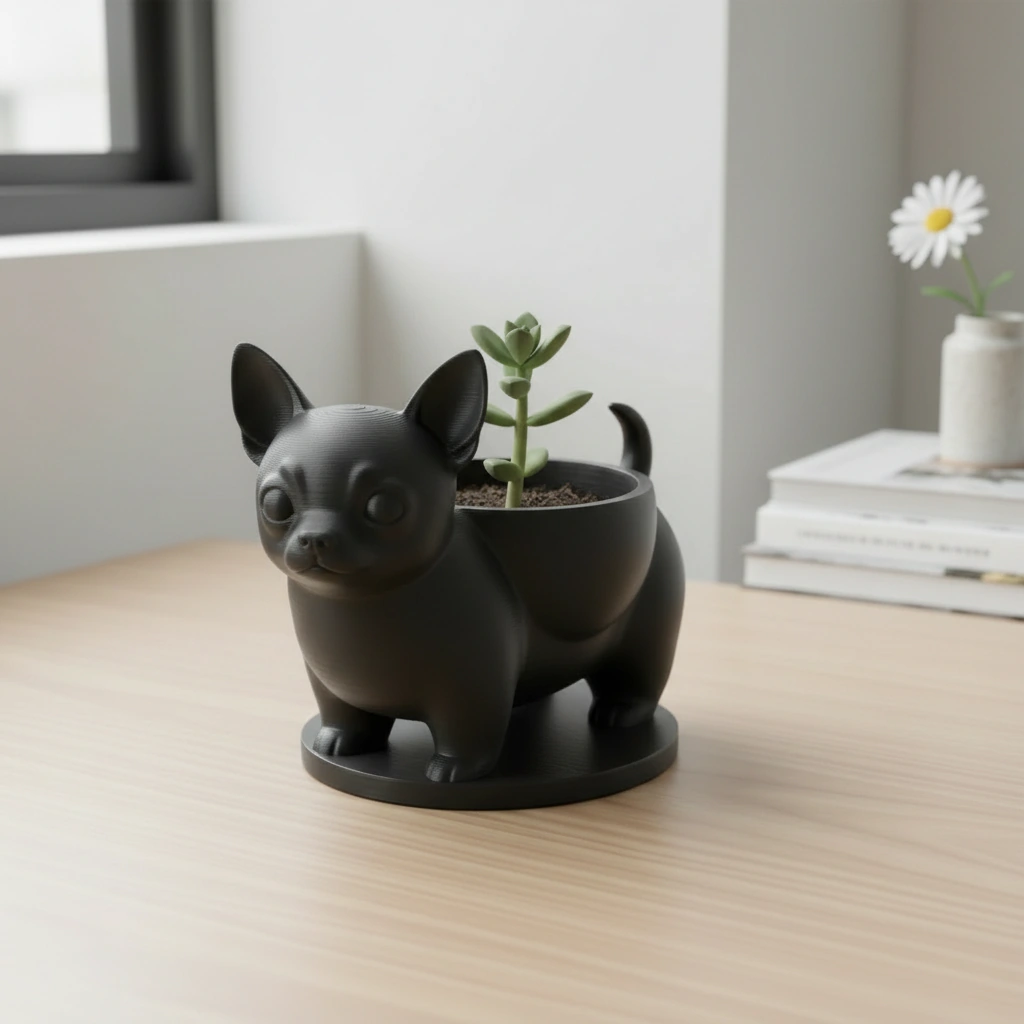 Mini ghiveci decorativ Chihuahua, suport pentru plante mici - Negru compozit mat, imprimare 3D Vibecraft