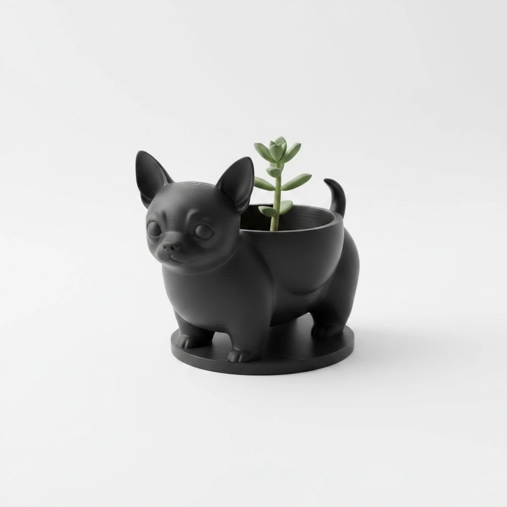 Mini ghiveci decorativ Chihuahua, suport pentru plante mici - Negru compozit mat, imprimare 3D Vibecraft
