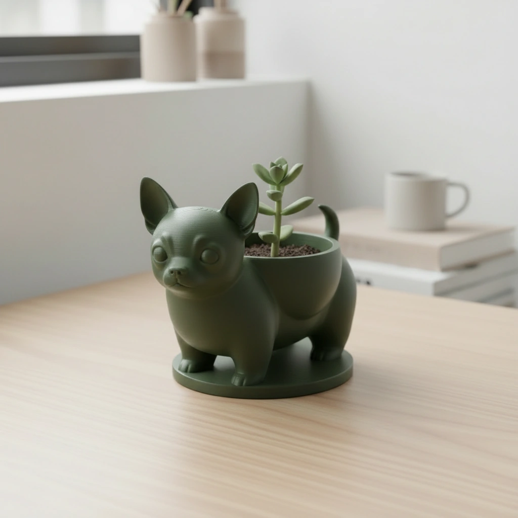 Mini ghiveci decorativ Chihuahua, suport pentru plante mici - Olive green compozit mat, imprimare 3D Vibecraft