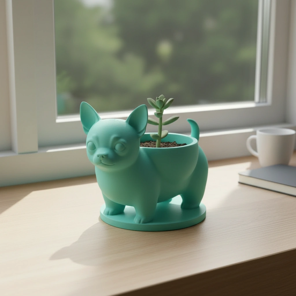 Mini ghiveci decorativ Chihuahua, suport pentru plante mici - culoare Albastru verzui, imprimare 3D Vibecraft