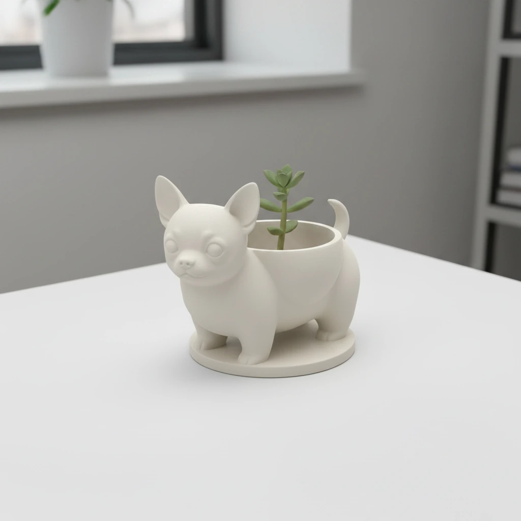 Mini ghiveci decorativ Chihuahua, suport pentru plante mici - culoare Alb, produs imprimat 3D Vibecraft