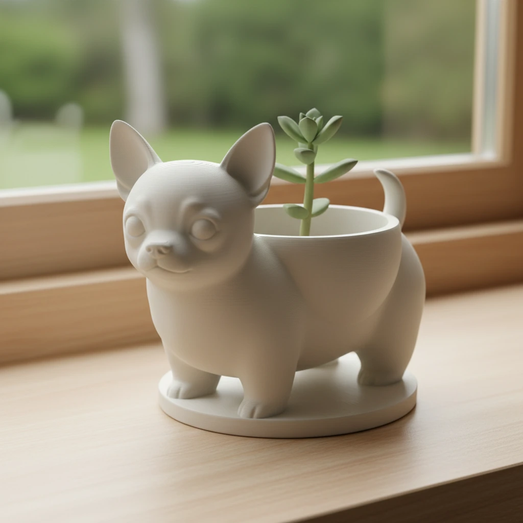 Mini ghiveci decorativ Chihuahua, suport pentru plante mici - culoare Alb, produs imprimat 3D Vibecraft