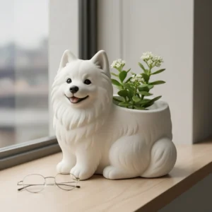 Mini Ghiveci Decorativ în Formă de Câine Samoyed, Imprimat 3D pentru Plante Mici - culoare Alb, produs imprimat 3D Vibecraft