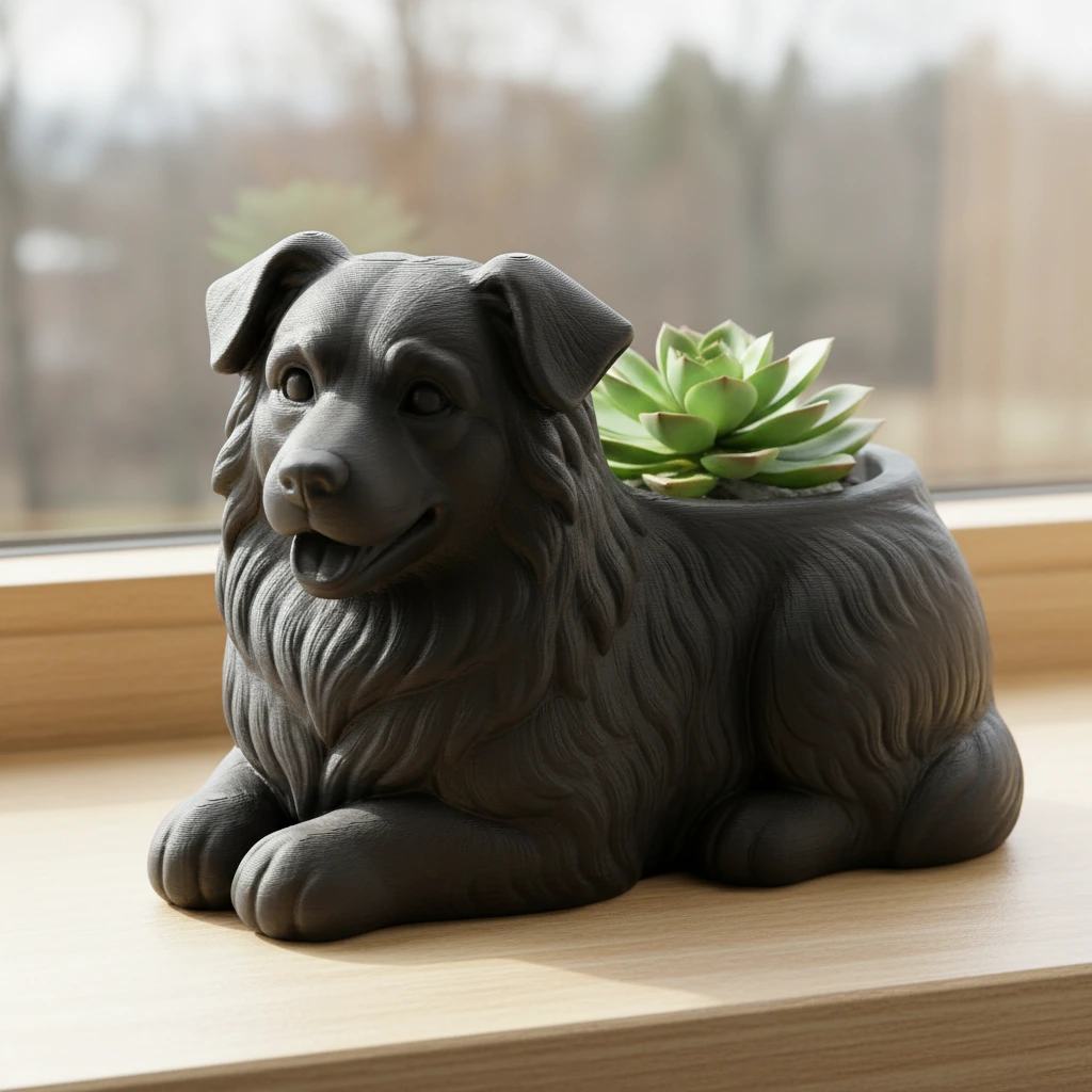 Mini Ghiveci Decorativ Animalut Imprimat 3D - Ciobanesc Australian - culoare Negru, produs imprimat 3D Vibecraft
