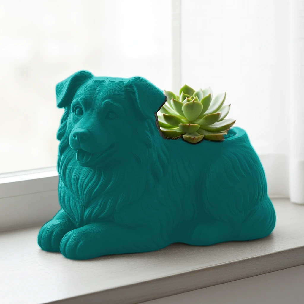 Mini Ghiveci Decorativ Animalut Imprimat 3D - Ciobanesc Australian - culoare Albastru verzui, imprimare 3D Vibecraft