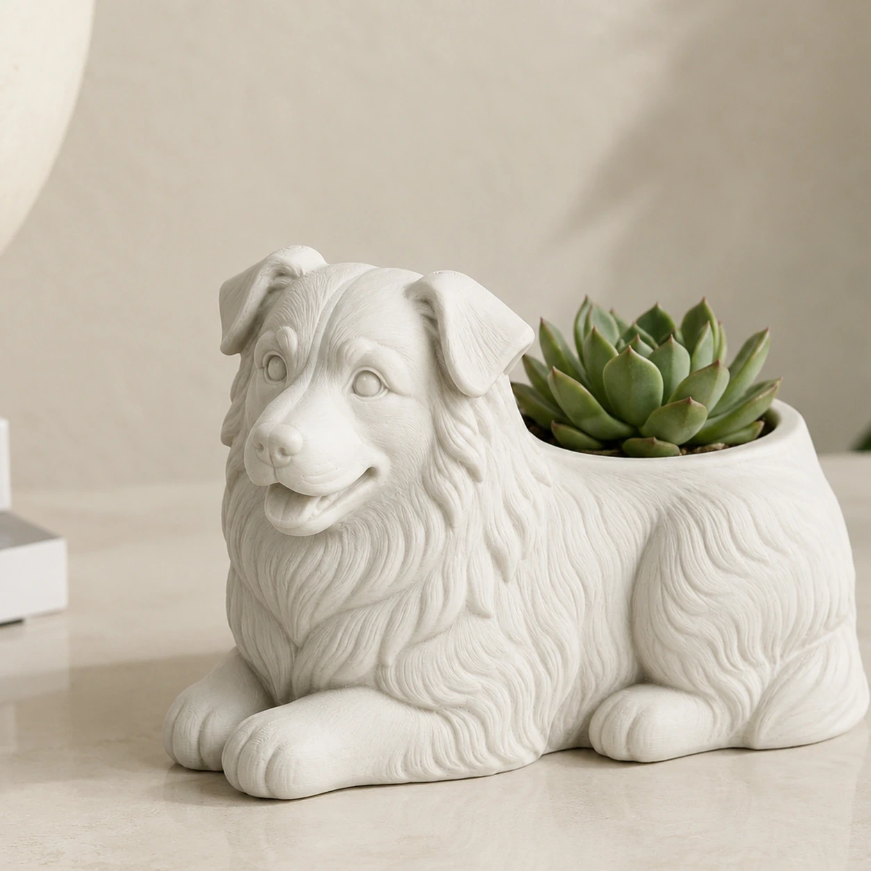 Mini Ghiveci Decorativ Animalut Imprimat 3D - Ciobanesc Australian - culoare Alb, produs imprimat 3D Vibecraft
