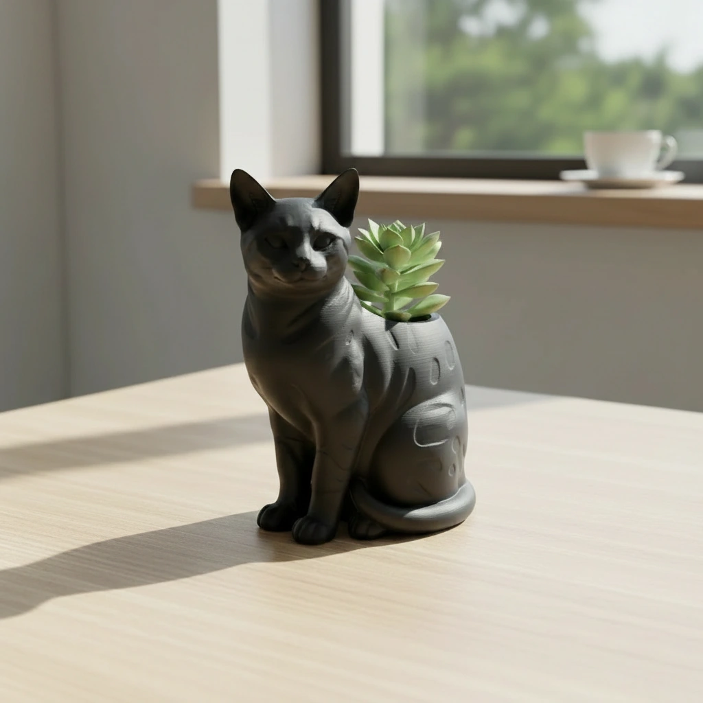 Mini Ghiveci Decorativ Forma Pisica Bengal Imprimat 3D - Negru compozit mat, imprimare 3D Vibecraft
