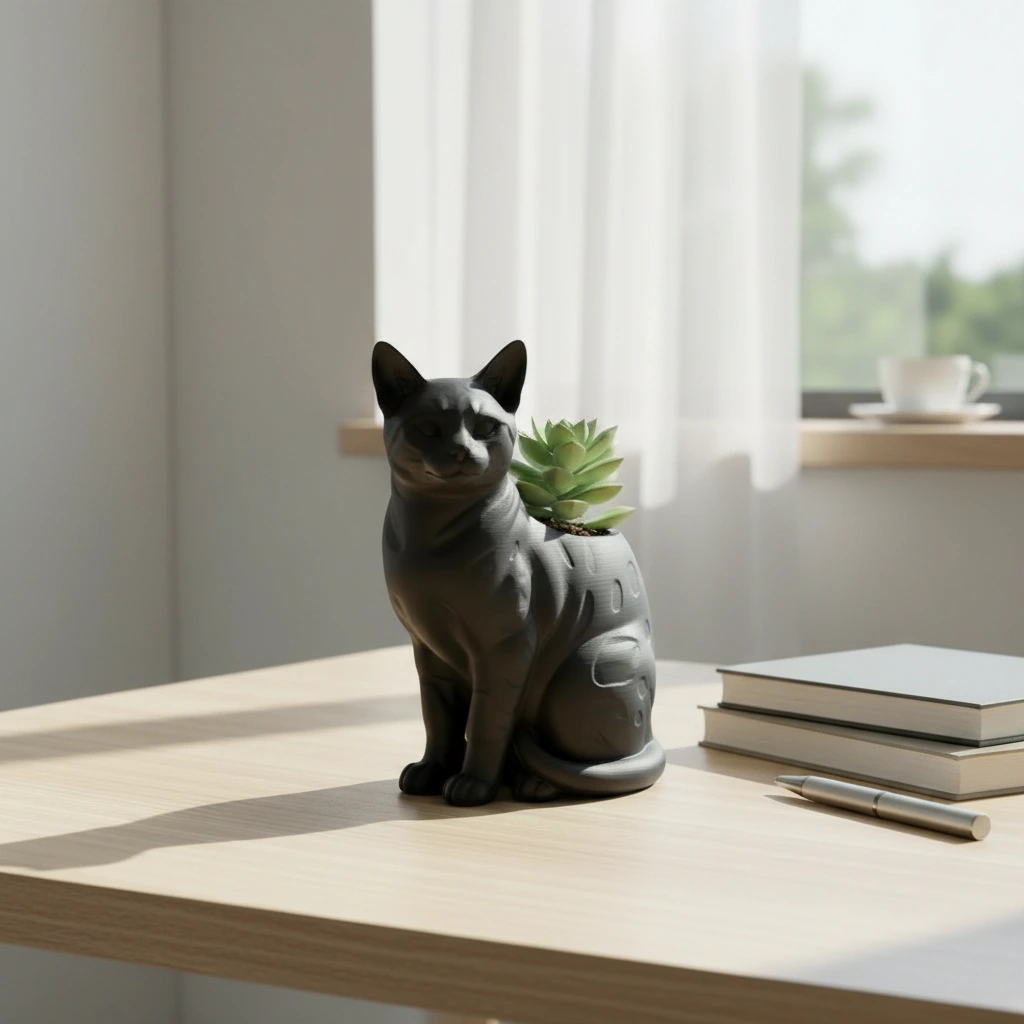 Mini Ghiveci Decorativ Forma Pisica Bengal Imprimat 3D - Negru compozit mat, imprimare 3D Vibecraft