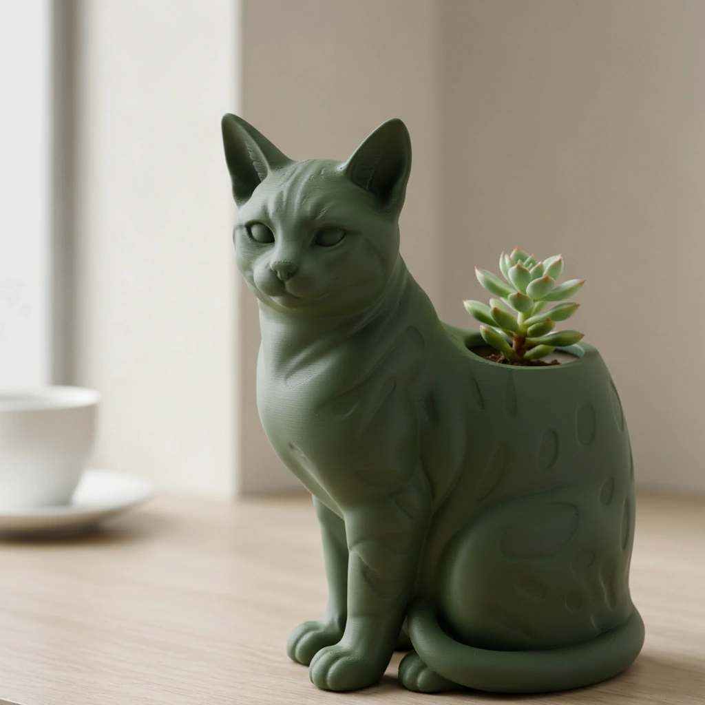 Mini Ghiveci Decorativ Forma Pisica Bengal Imprimat 3D - culoare Verde, imprimare 3D Vibecraft
