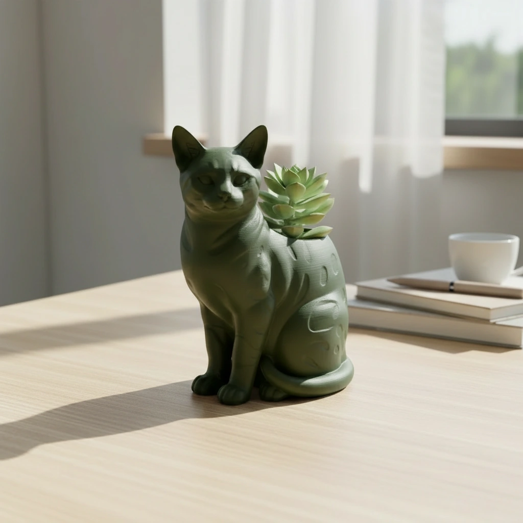 Mini Ghiveci Decorativ Forma Pisica Bengal Imprimat 3D - culoare Verde, imprimare 3D Vibecraft