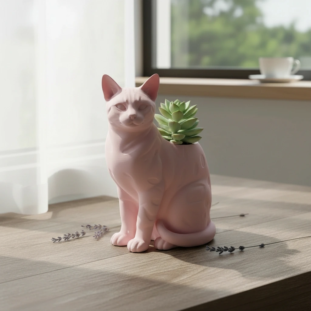 Mini Ghiveci Decorativ Forma Pisica Bengal Imprimat 3D - culoare Roz, imprimare 3D Vibecraft