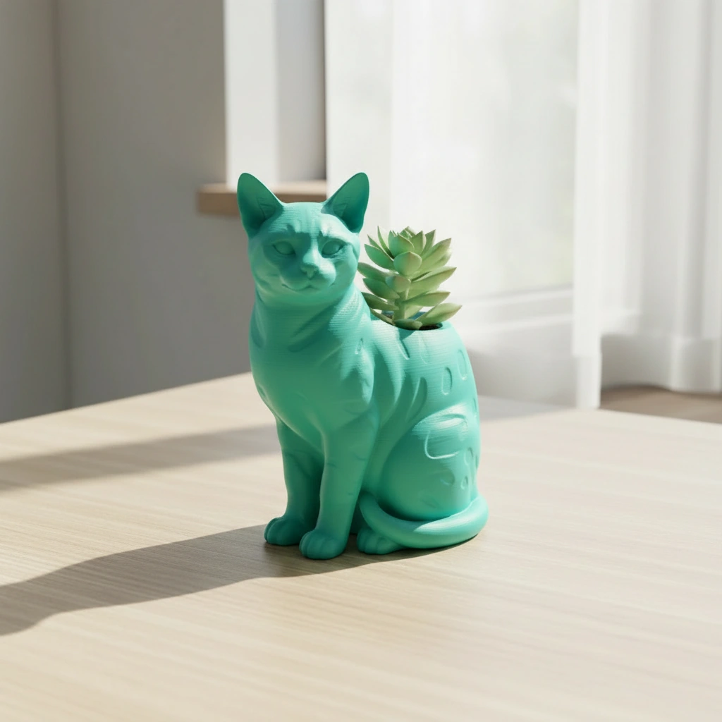 Mini Ghiveci Decorativ Forma Pisica Bengal Imprimat 3D - culoare Albastru verzui, imprimare 3D Vibecraft