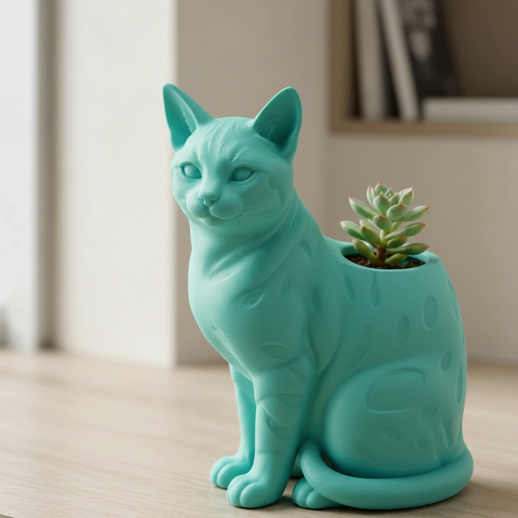 Mini Ghiveci Decorativ Forma Pisica Bengal Imprimat 3D - culoare Albastru verzui, imprimare 3D Vibecraft