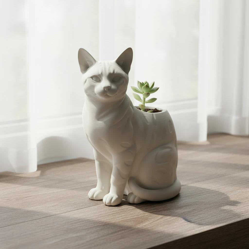 Mini Ghiveci Decorativ Forma Pisica Bengal Imprimat 3D - culoare Alb, produs imprimat 3D Vibecraft