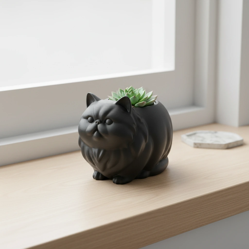 Mini Ghiveci Decorativ Pisica Persana pentru Plante Mici - culoare Negru, produs imprimat 3D Vibecraft