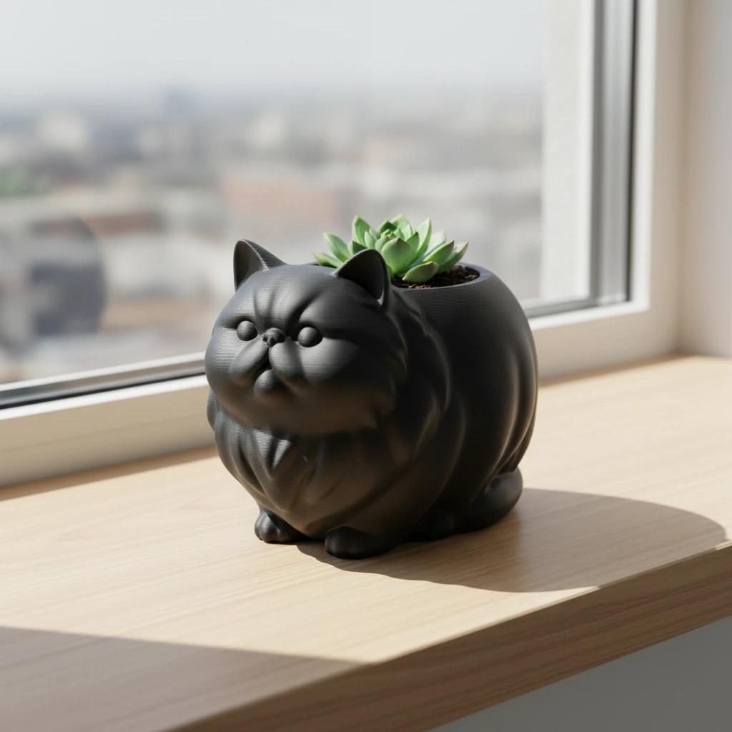 Mini Ghiveci Decorativ Pisica Persana pentru Plante Mici - culoare Negru, produs imprimat 3D Vibecraft