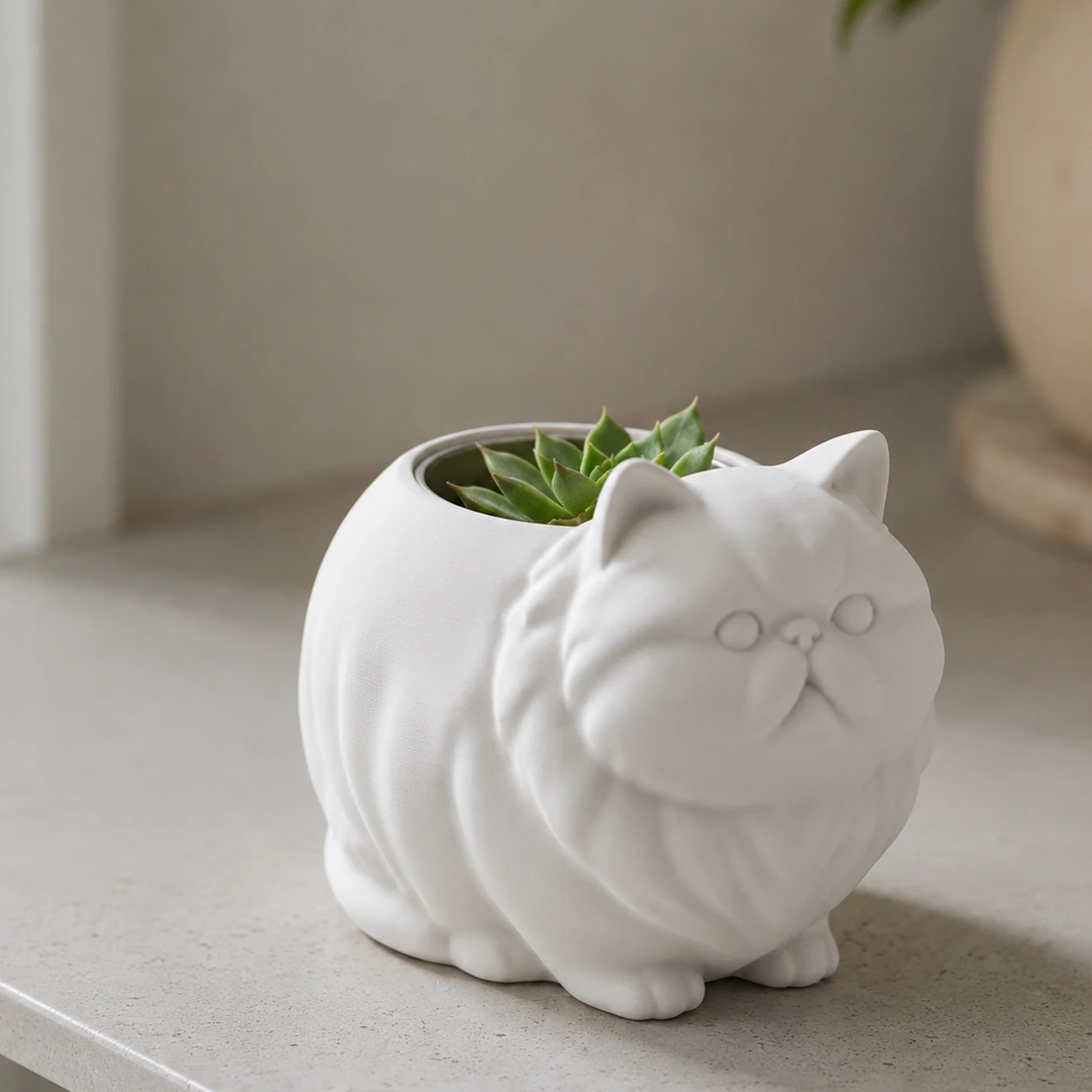 Mini Ghiveci Decorativ Pisica Persana pentru Plante Mici - culoare Alb, produs imprimat 3D Vibecraft