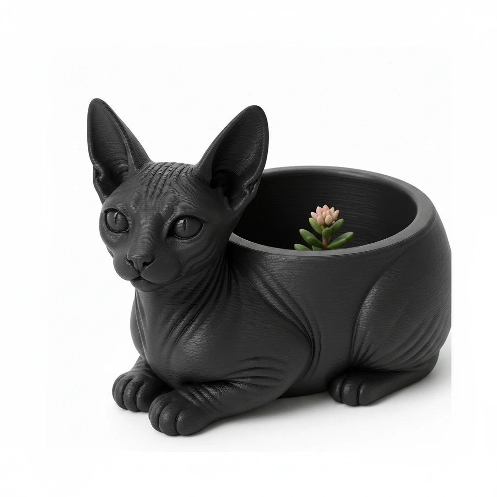 Mini ghiveci decorativ Pisica Sphynx, Suport Plante si Suculente - culoare Negru, produs imprimat 3D Vibecraft