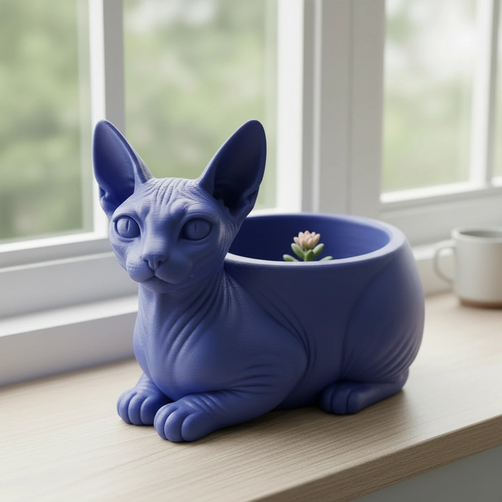 Mini ghiveci decorativ Pisica Sphynx, Suport Plante si Suculente - culoare Albastru, imprimare 3D Vibecraft