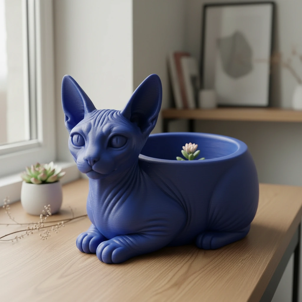 Mini ghiveci decorativ Pisica Sphynx, Suport Plante si Suculente - culoare Albastru, imprimare 3D Vibecraft