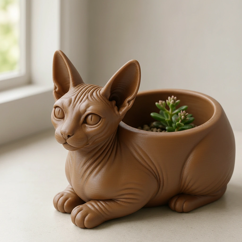 Mini ghiveci decorativ Pisica Sphynx, Suport Plante si Suculente - culoare Maro, imprimare 3D Vibecraft