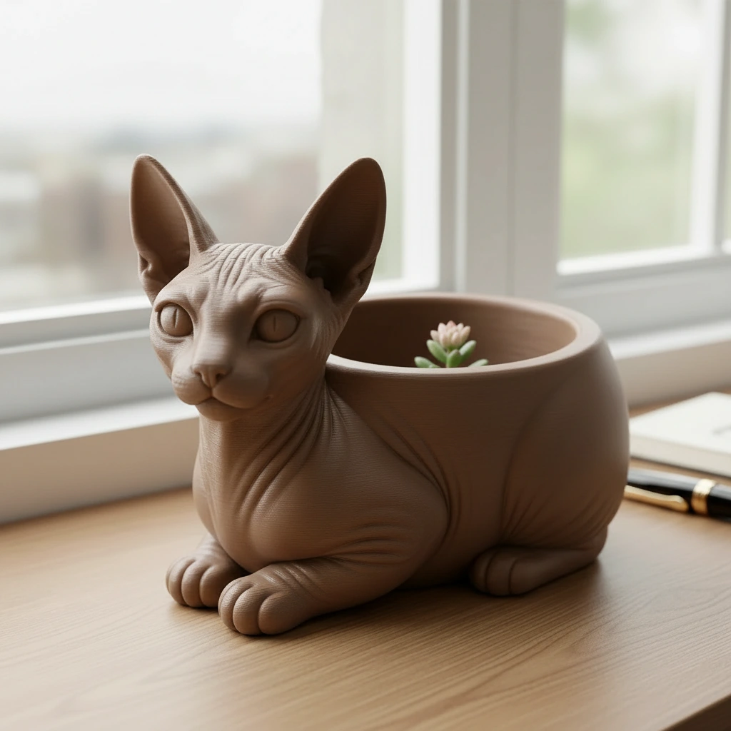 Mini ghiveci decorativ Pisica Sphynx, Suport Plante si Suculente - culoare Maro, imprimare 3D Vibecraft